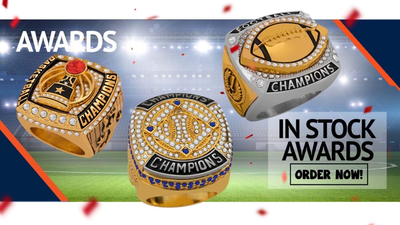 Different types of youth sports awards that include champion rings. 