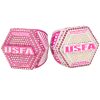 Pink USFA championship and finalist hexagonal rings adorned with rhinestones.