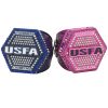 Hexagonal championship and finalist rings with USFA logos, adorned in blue and pink crystals.