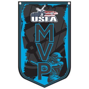 USFA MVP banner featuring a softball player with a bat, highlighted in blue and black design elements.