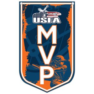 USFA MVP banner featuring a softball player swinging a bat in blue and orange colors.